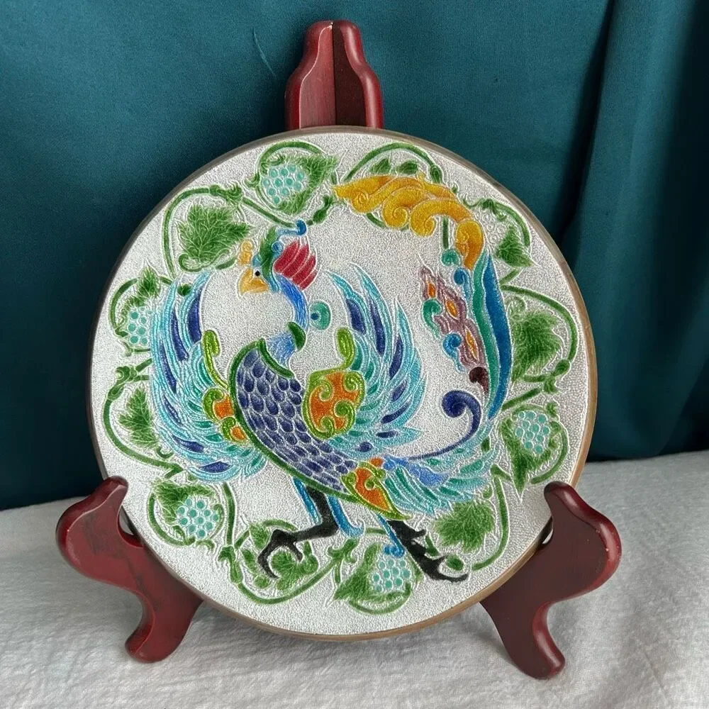 Japanese Cloisonne Phoenix Peacock Rooster Bird Plate